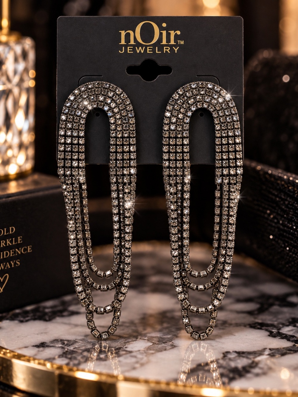 nOir Jewelry Black Rhinestone Draped Chain Statement Earrings